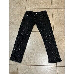 Vintage Qruel Jeans Mens 38x28 Black Paint Splattered‎ Design Straight Leg